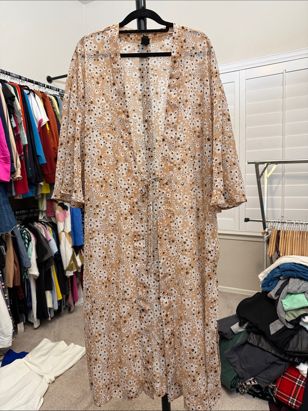 wild fable Tan Floral Tie-Waist Kimono
